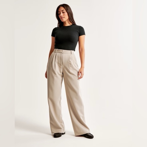 Abercrombie & Fitch High Rise Wide Leg Trousers Size 12 Beige CBK Style - Picture 3 of 15